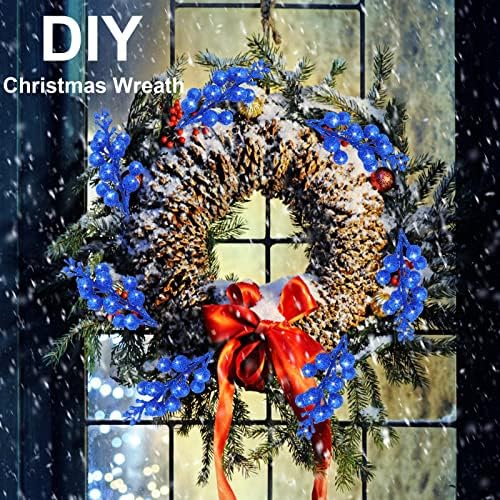 Geosar 36 Pcs Christmas Glittered Berries Stems, Blue
