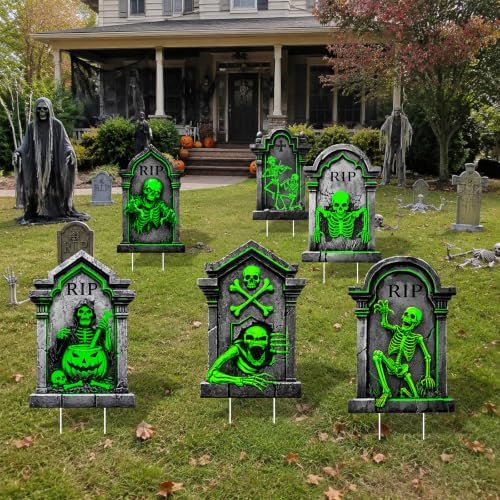 6Pc Halloween Glow in The Dark Skull Yard Signs Decorations Outdoor