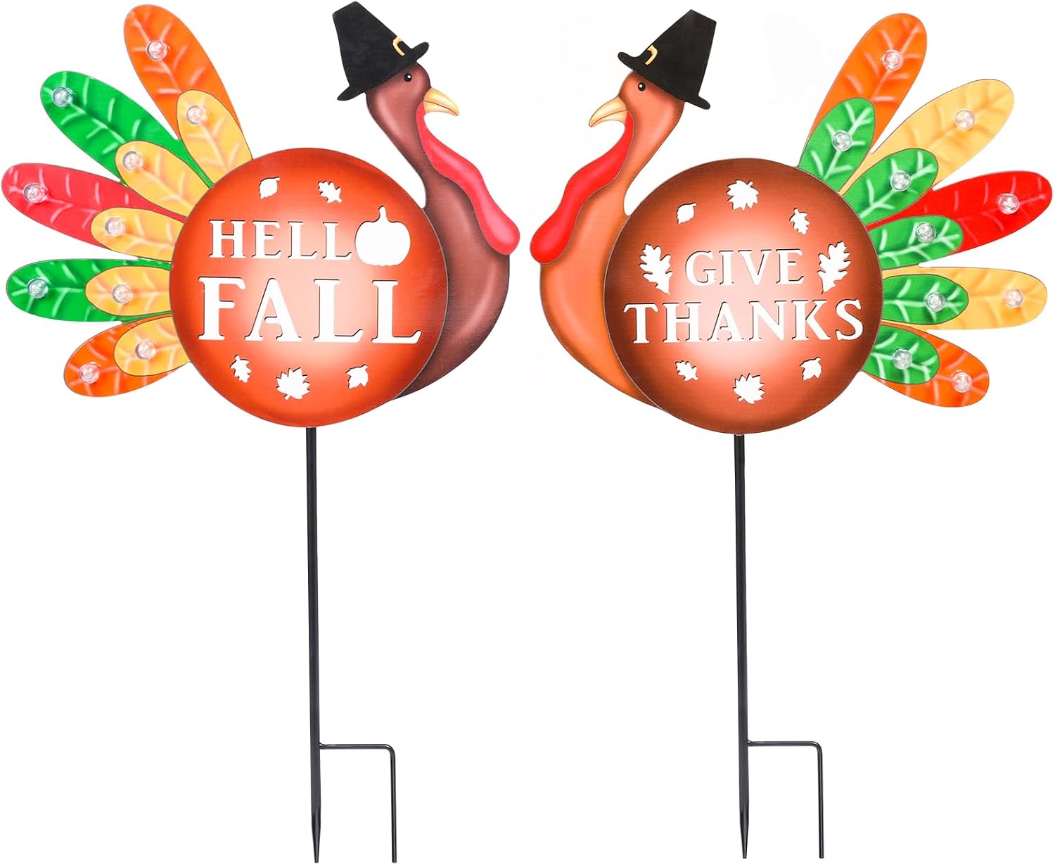 Thanksgiving Turkey Outdoor Decor for Home, 2 Pack | Harvest Fall Outside Decor, Lighted Up Turkey Metal Garden Stakes