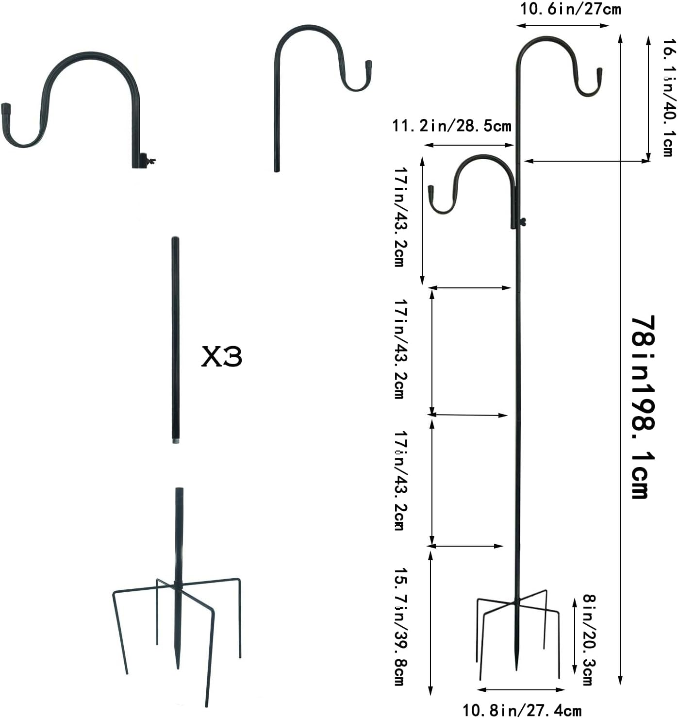 MIPON Adjustable 78/62/46/30 Inch Double Shepherds Hooks or Outdoor | Garden Shepards Hook for Outdoor Bird