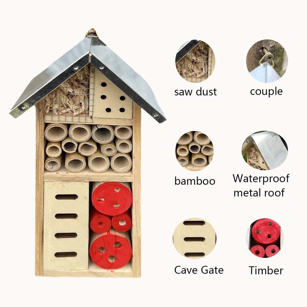 Natural Wooden Insect Hotel, Bee House with Metal Stake for Garden | Bee House, For Ladybugs, For Lacewings, For
