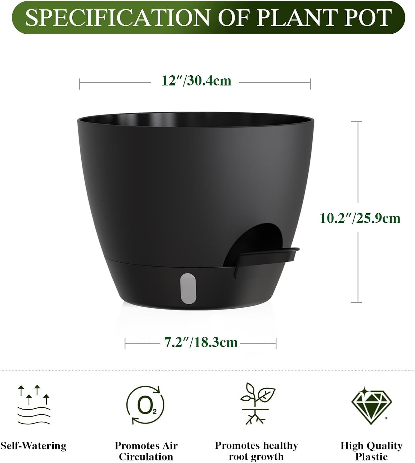 Plant Pots, 1 Pack 12 Inch Self Watering Pots with Drainage Holes, Water Level Indicator Deep Reservoir, Large Planters