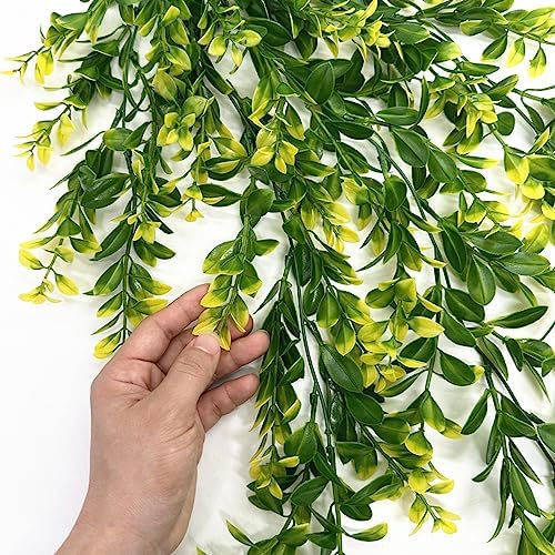 PASYOU Artificial Hanging Plants, Fake Vines Plastic Leaves Ivy Faux Greenery UV Resistant Plant for Indoor Outdoor Garden Office Decor Christmas Wedding Party Baskets DIY Decoration Yellow 4 Pack