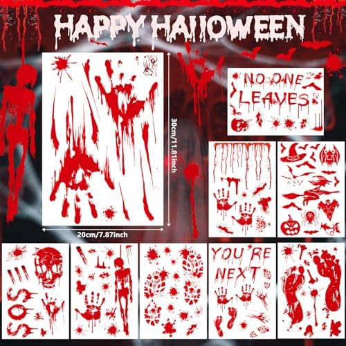 AhfuLife 108Pcs Halloween Window Clings, 9 Sheets Reusable Halloween Blood Handprint Window Stickers Removable Stickers for Kids Home Window Indoor Party Decorations