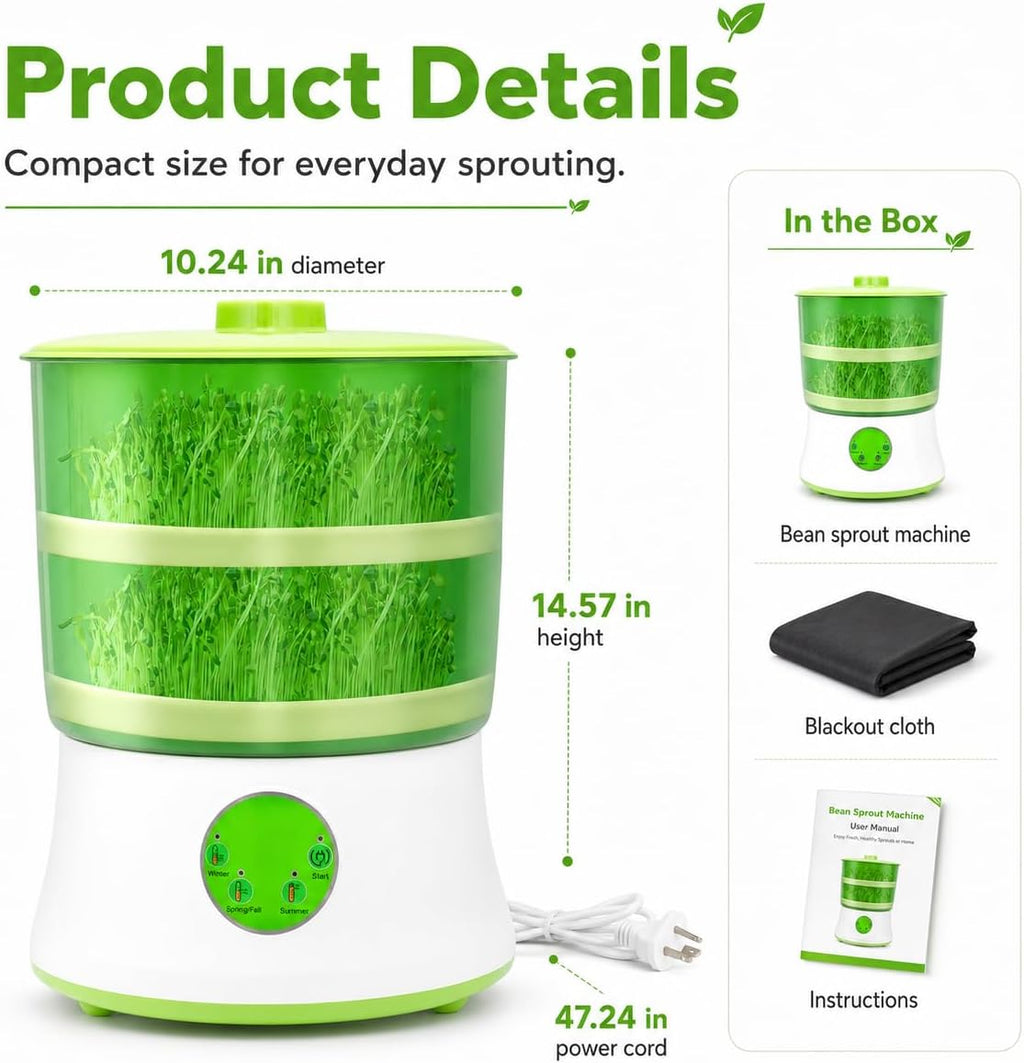 Bean Sprouts Machine, Seed Sprouter Kits, Automatic Sprouts Growing Kit 2 Layers, Auto Household Bean Seed Cereal