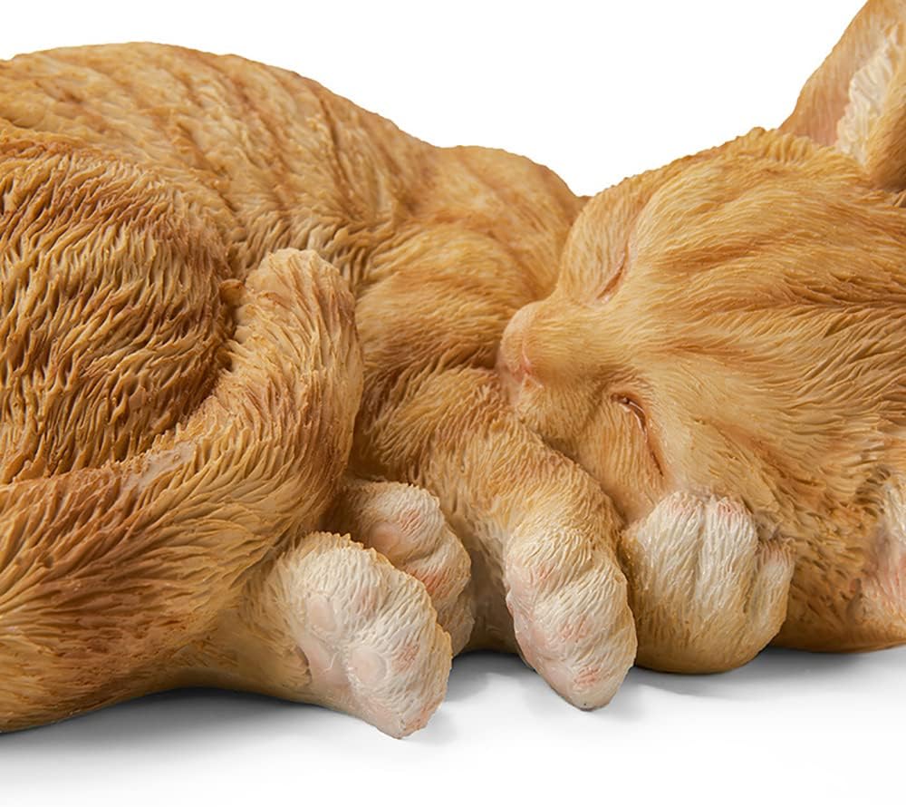 Sleeping Orange Tabby Cat Garden Statue Decor 8.27”L, Resin Realistic Sculptures Gift for Cats Lovers, Pet Memorial
