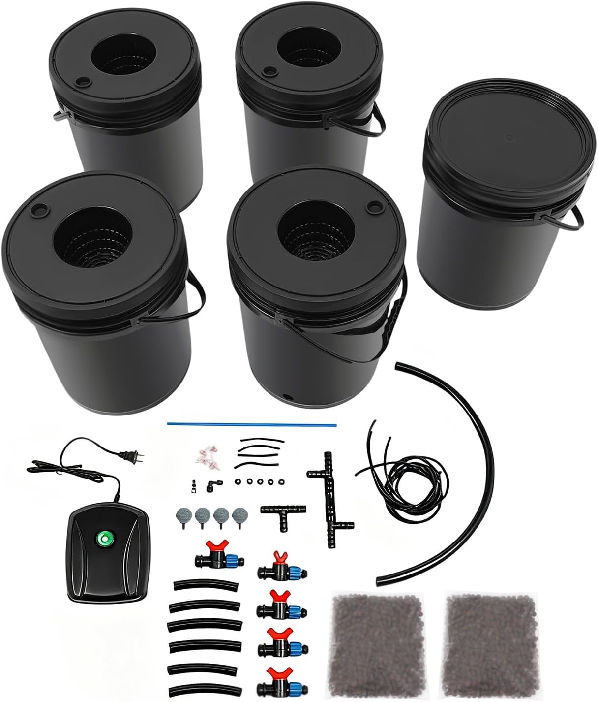 Indoor Hydroponics Growing System, 5 Gallon Round Bucket Deep Water Culture DWC Hydroponic Grow System Kit, 5-Bucket
