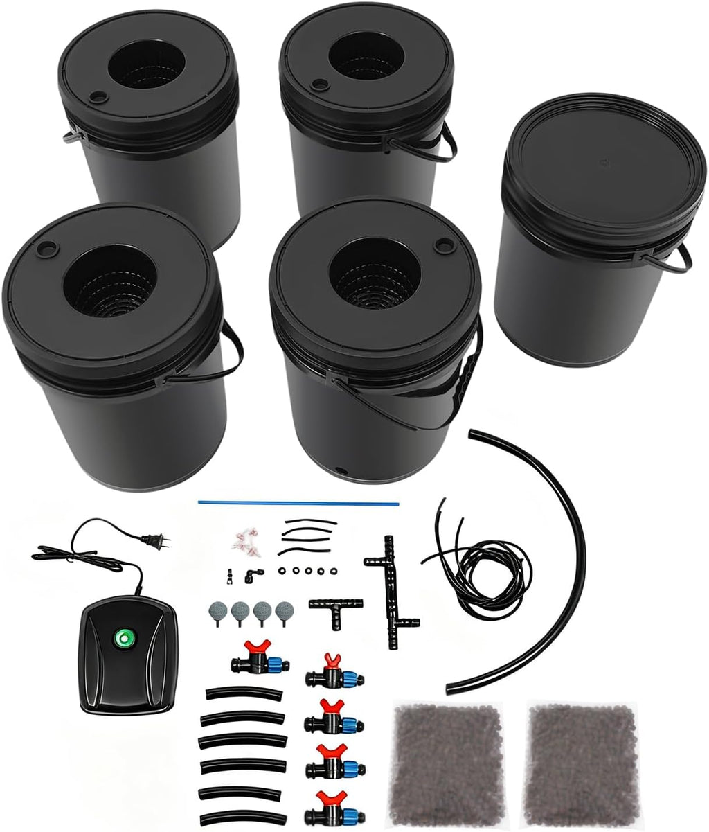 DWC Hydroponics Grow System 5.28 Gallon Deep Water Culture Kit with 12W 110V Air Pump, Five 12inch Buckets & Air Stones