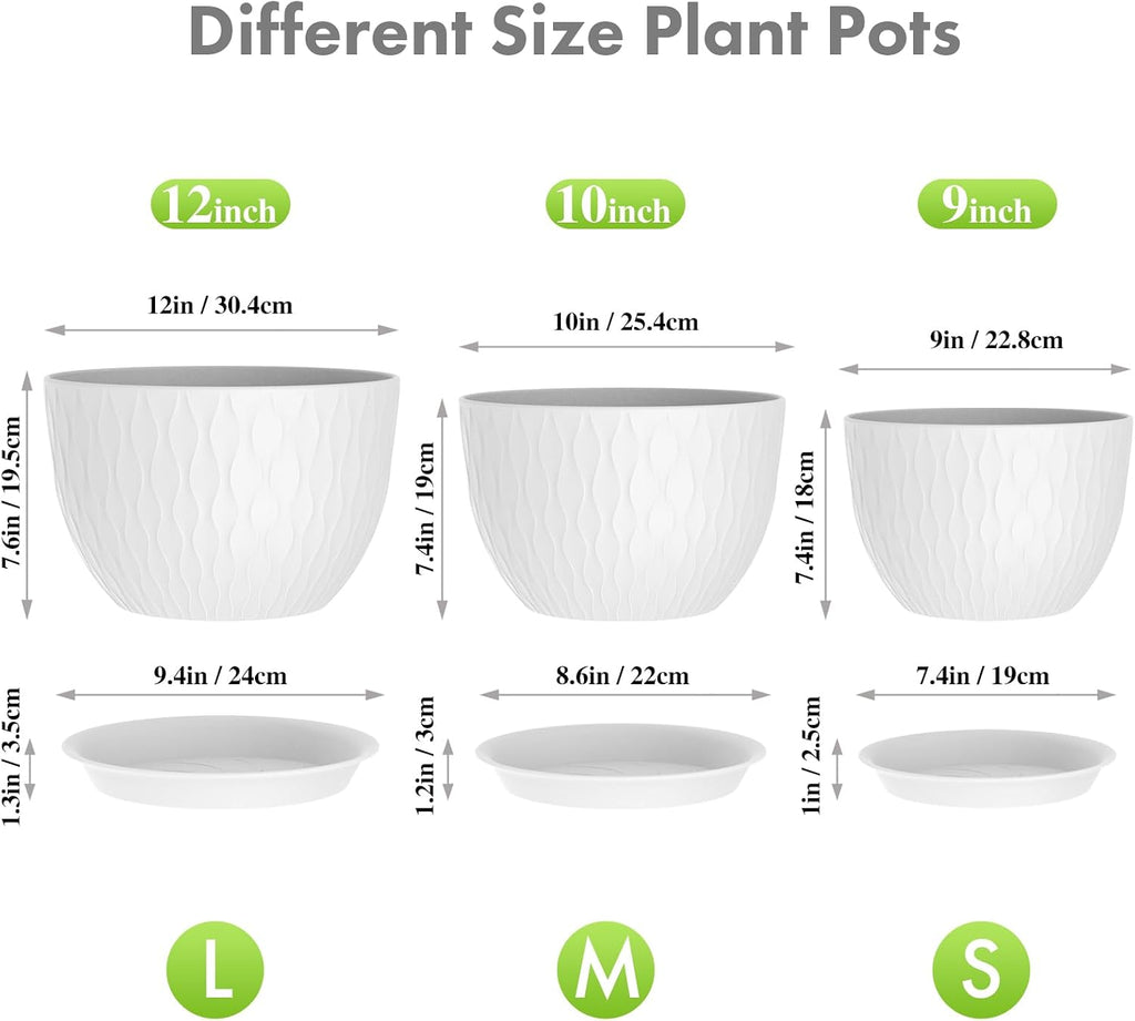 Meowell 12/10/9 inch Large Flower Pots, 3 Set Big Plant Pots for Outdoor Indoor Plants with Water Ripples, Wide Plastic