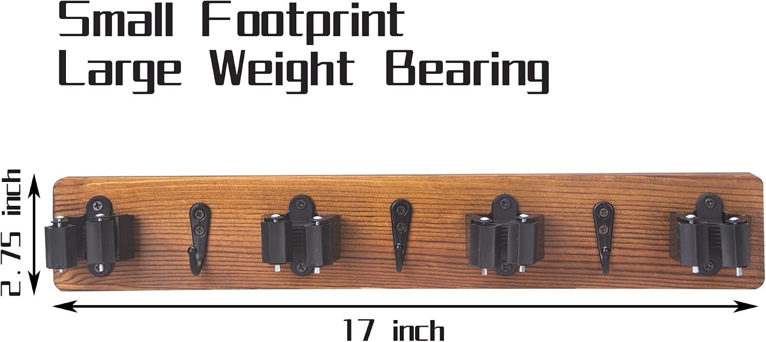 2 Pack Mop and Broom Holder Wall Mount Solid Wood Broom Rack Wall Mount 4 Positions 3 Hooks for Home, Kitchen, Garden