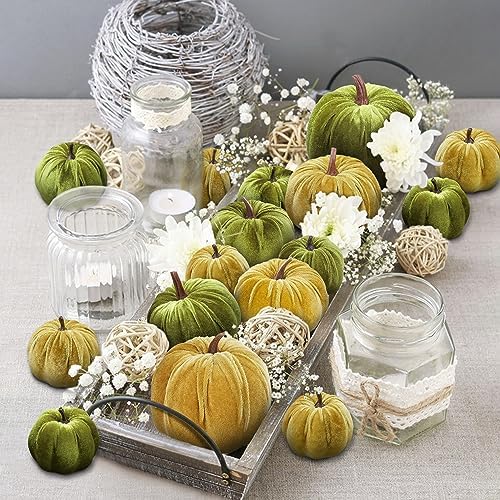 Woration 16pcs Fabric Fake Velvet Pumpkins Set Decoration Green Series