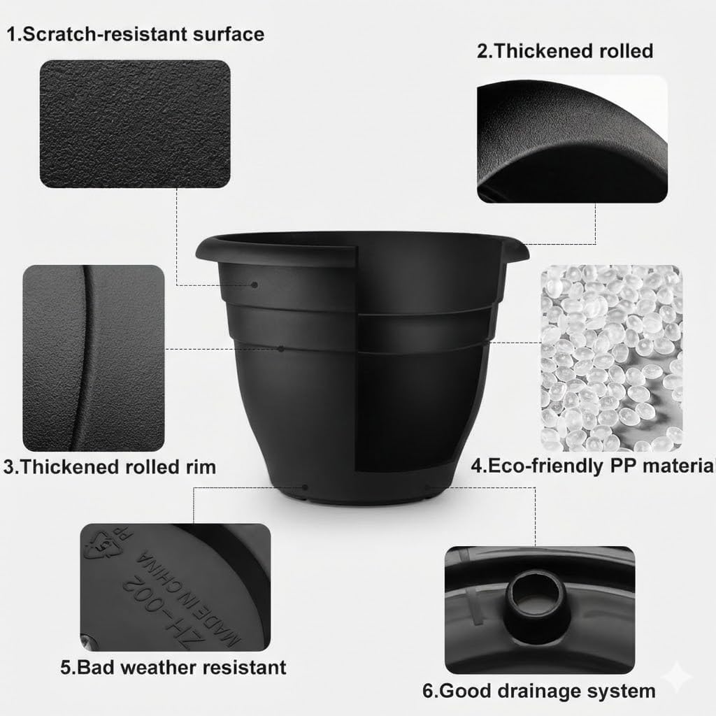 RooTrimmer 6 Pack 16 Inch Large Plant Pots Outdoor,Heavy Duty Plastic Planters with Drainage Holes,Lightweight Black