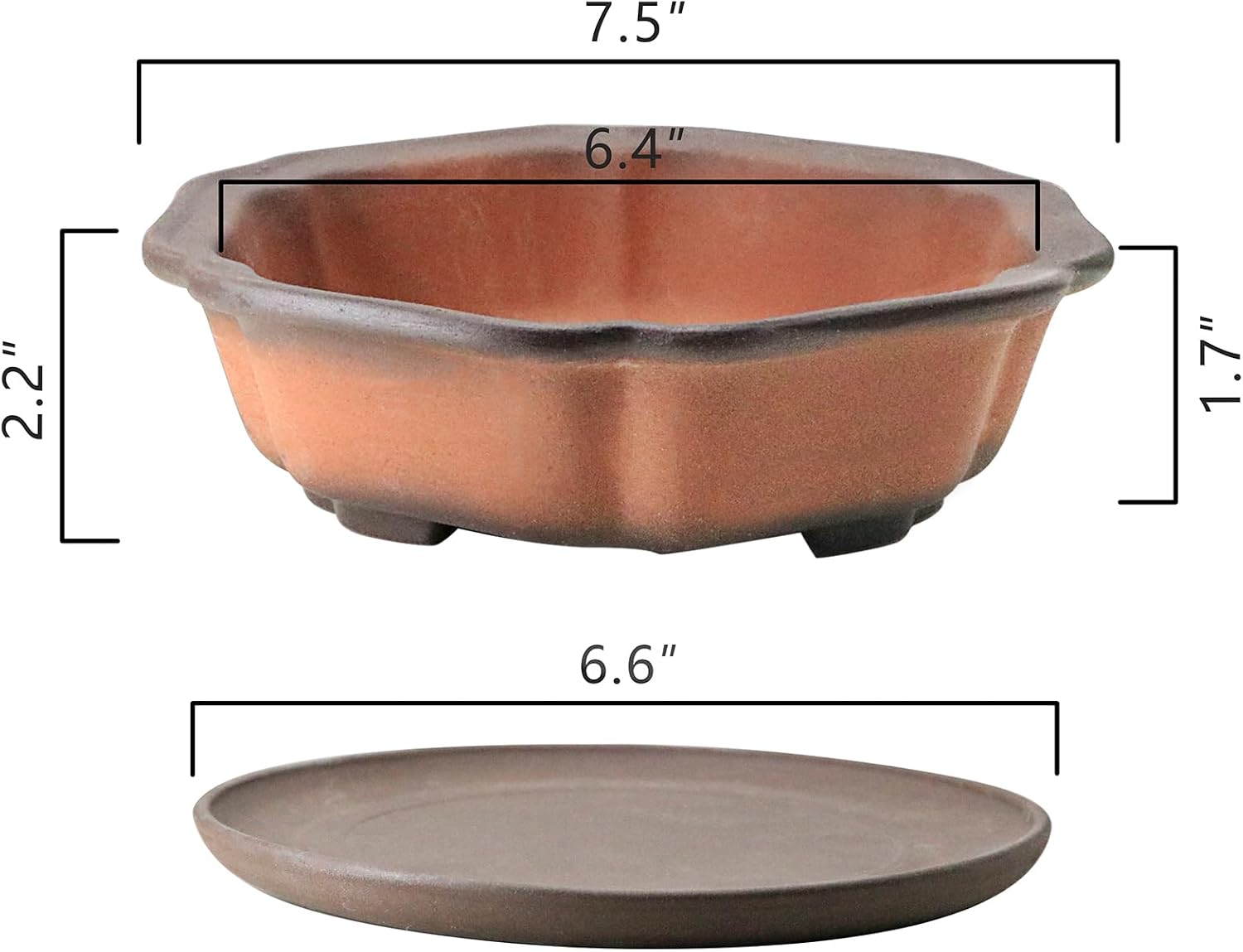 MUZHI 7.5” Unglazed Flower Shape Clay Bonsai Pot with Ceramic Saucer, Color Gradational Shallow Terracotta Planter for