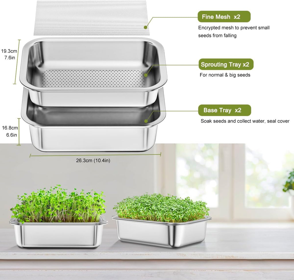 FANHAO 2-Pack Sprouting Tray Kit, Stainless Steel Soil-Free Cultivation Germination Tray, Healthy Wheatgrass Grower