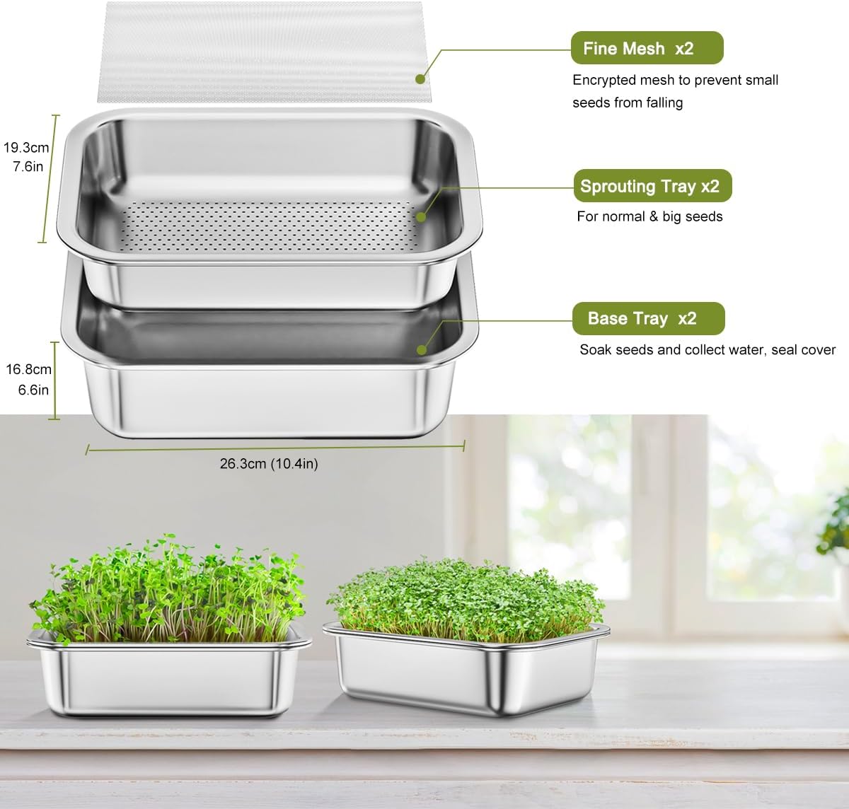 FANHAO 2-Pack Sprouting Tray Kit, Stainless Steel Soil-Free Cultivation Germination Tray, Healthy Wheatgrass Grower