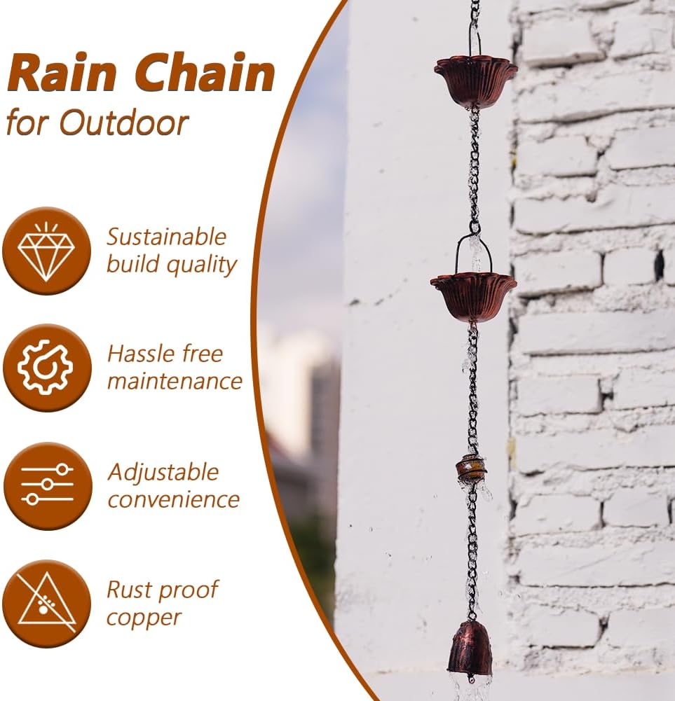 10ft Lotus Rain Chains for Outside Gutters, Eaves, Drainage | 12 Cups, Metal Rain Chain, Adjustable Length, Decorative