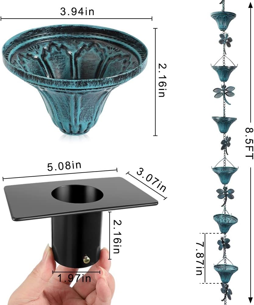 Vindar 8.5 Feet Retro Iron Dragonfly Rain Chain for Gutters Downspouts Uutside, Antique Sky Blue Color 10 Flower Cups