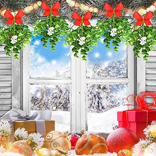 Dingion 18 Pcs Christmas Hanging Mistletoe Decor Ornament with Red Bow