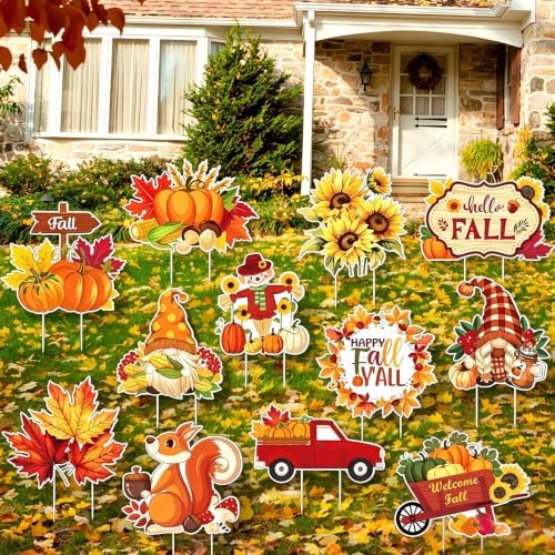12 Pcs Fall Yard Signs with Stakes Outdoor Thanksgiving Decorations,Autumn