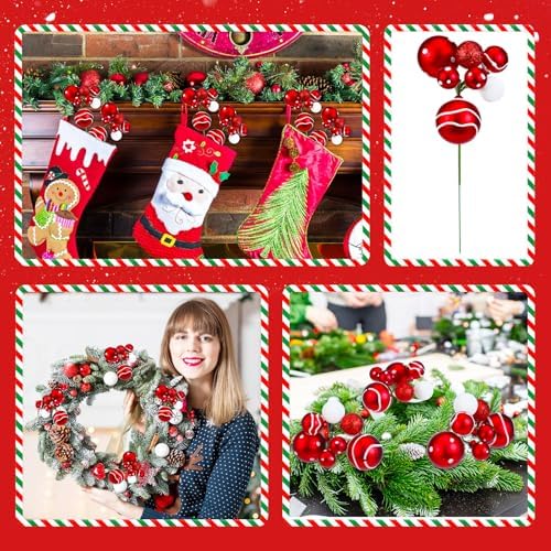 Daifunli 8 Pcs Red and White Christmas Tree Picks 7.87 Inch Christmas Balls Ornaments Xmas Hanging Decorations for Xmas Tree Topper DIY Wreath Holiday Floral Vase Fillers Crafts Home Decor