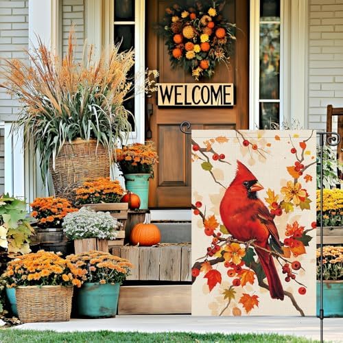 Louise Maelys Fall Cardinal Garden Flag Maple Bird Welcome 12x18 Inch Double Sided Seasonal Autumn Small Burlap Thanksgiving Holiday Yard Sign Outside Outdoor House Decoration
