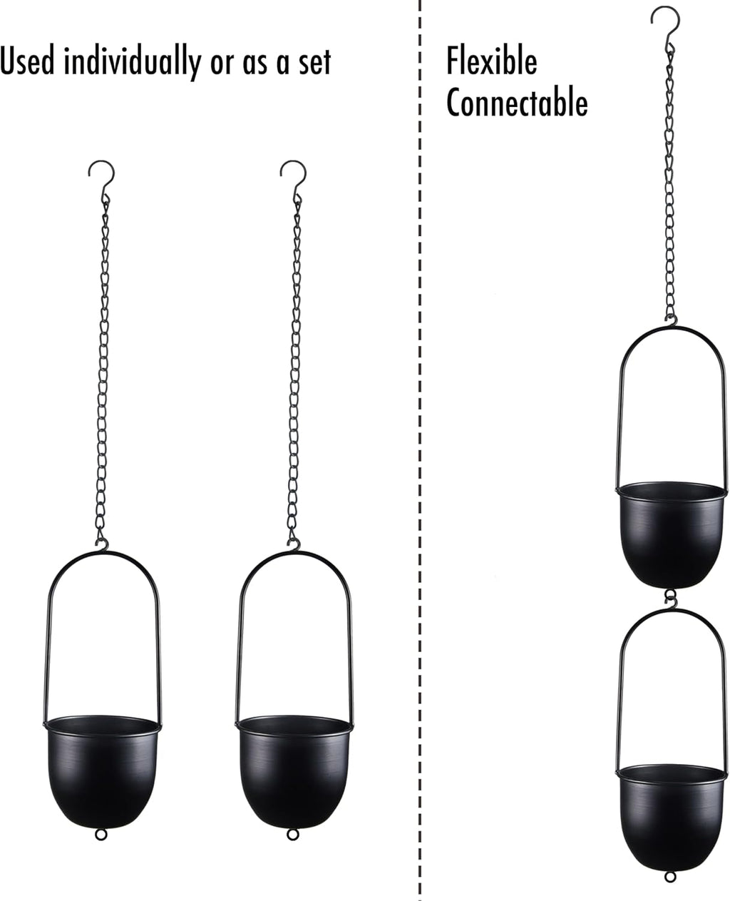 Metal Hanging Planters Set of 2 with 6 Inch Oval Pots - Stackable and Connectable Plant Hangers - Black Modular Wall
