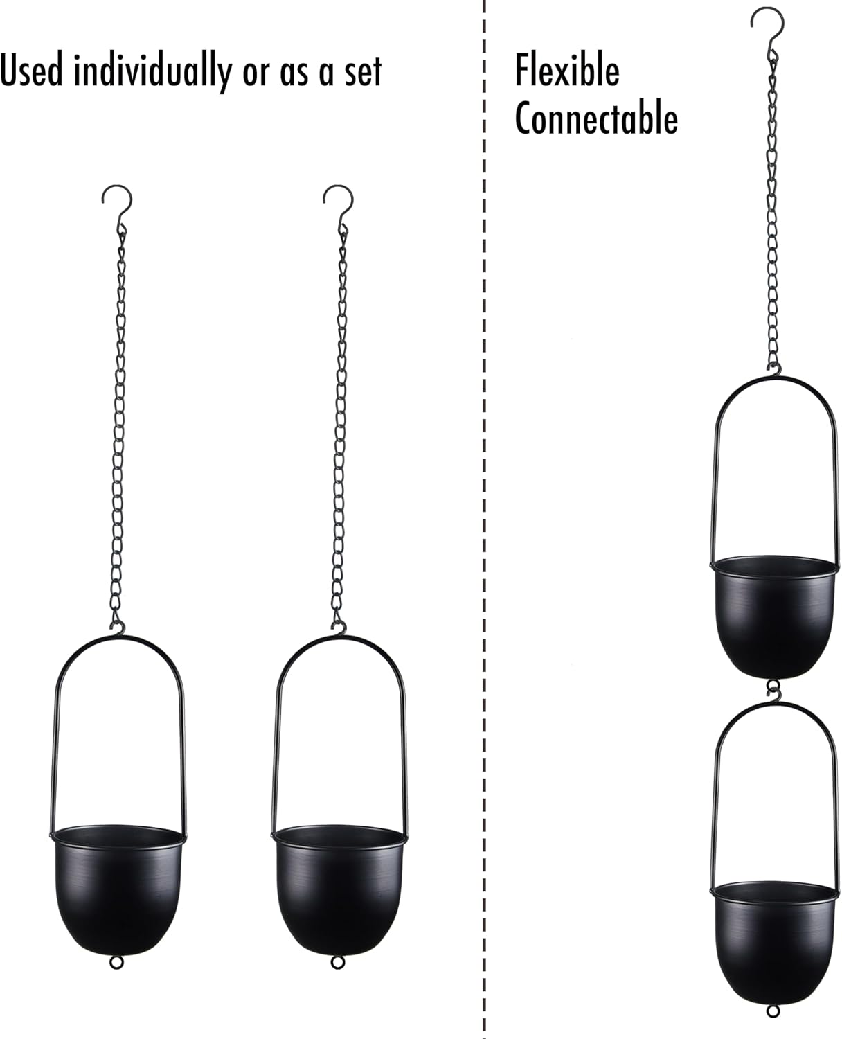 Metal Hanging Planters Set of 2 with 6 Inch Oval Pots - Stackable and Connectable Plant Hangers - Black Modular Wall