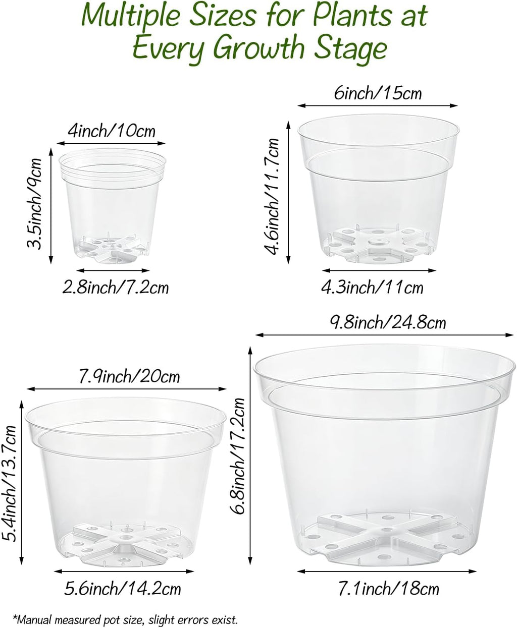 16 Pack 4/6/7.9/9.8 inch Clear Nursery Pots with Drainage Holes | Thickened UV Resistant Plastic Pots, Comes with Plant