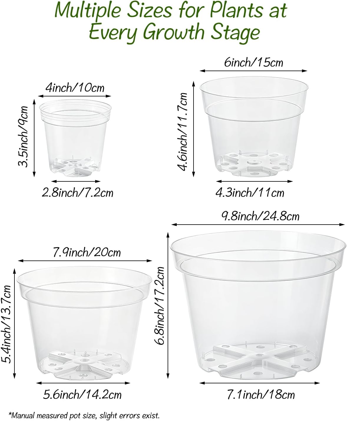 16 Pack 4/6/7.9/9.8 inch Clear Nursery Pots with Drainage Holes | Thickened UV Resistant Plastic Pots, Comes with Plant