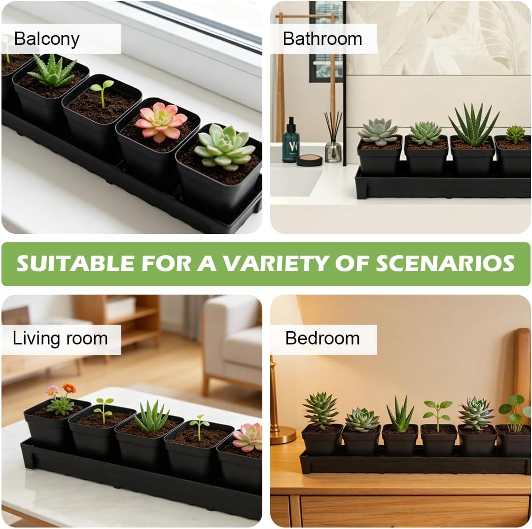 RooTrimmer 10 Pack Plastic Windowsill Saucer with 2.8 inch (7CM) Square Nursery Pots 60pcs, Rectangular Window Sill