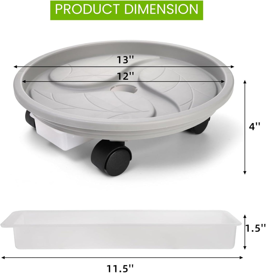 3 Pack Plant Caddy with Wheels, 12 Inch | Heavy Duty Planter Pallet with Drainage Tray, Round Flower Pot Dolly Rolling