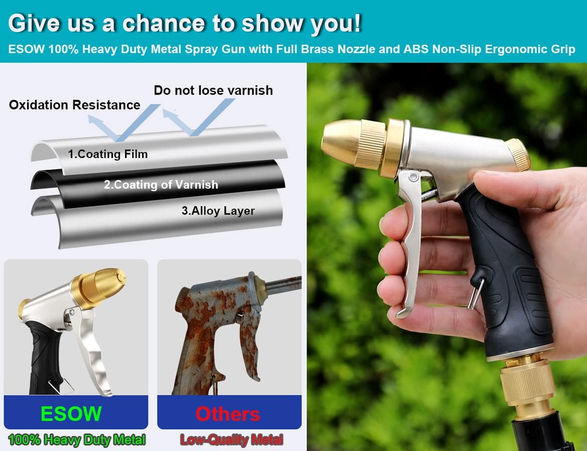Garden Hose Nozzle, Heavy Duty Metal Brass Nozzle, 4 Spray Patterns | Full brass nozzle, ABS non-slip ergonomic grip.