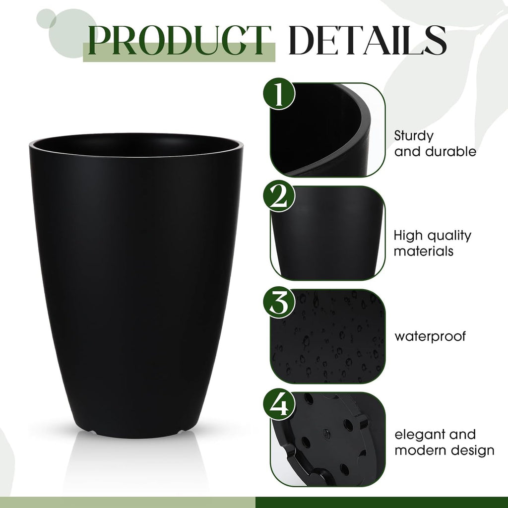 2 Pack 14 Inch Tall Planters for Outdoor Indoor Plants, Black Round Resin Plant Flower Pots with Drainage Hole for