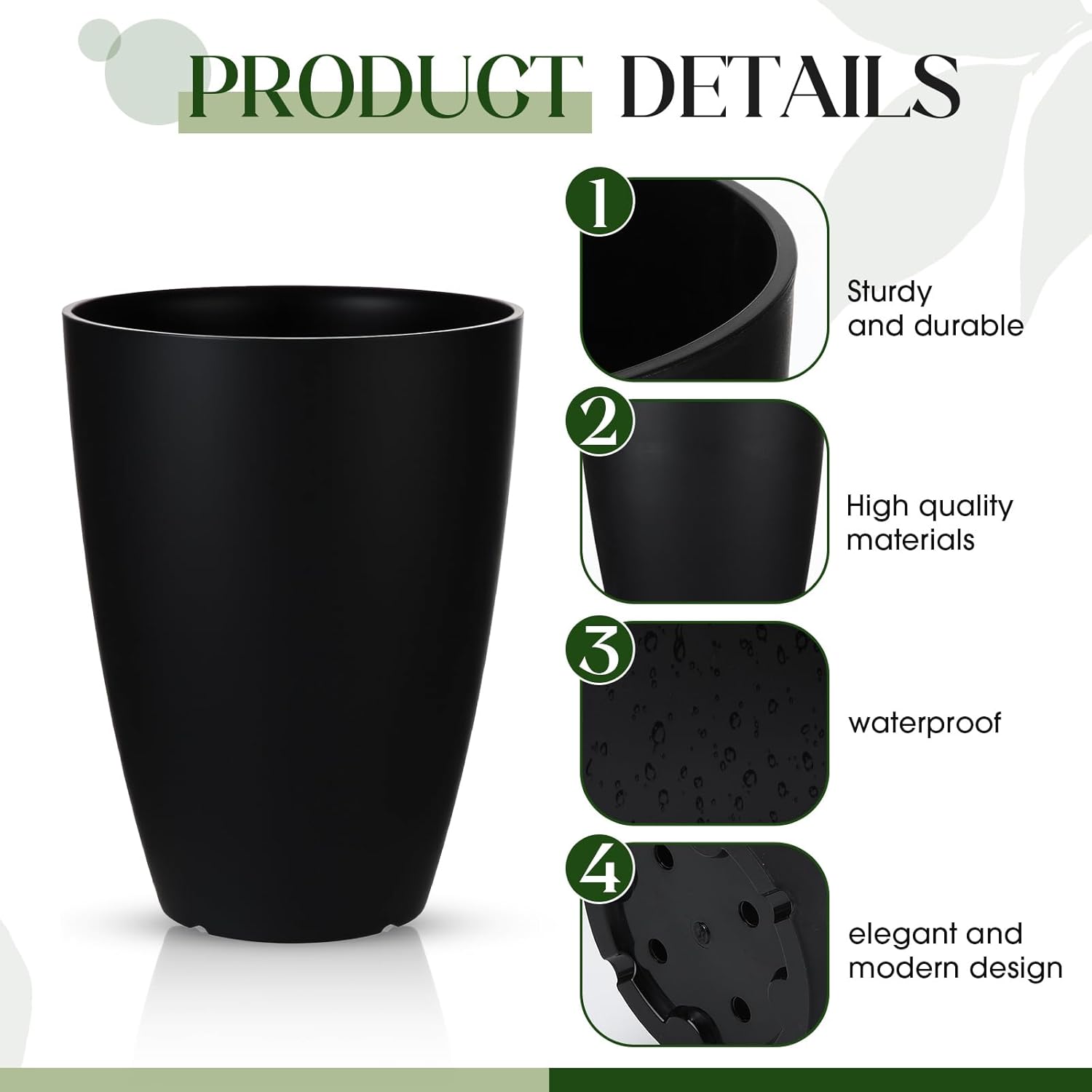 2 Pack 14 Inch Tall Planters for Outdoor Indoor Plants, Black Round Resin Plant Flower Pots with Drainage Hole for