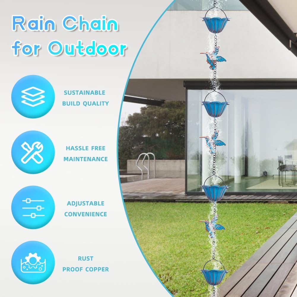 13.4FT Hummingbird Rain Chains for Outside, Gutters,Eaves, Drainage | Metal Rain Chain, 12 Lotus Cups, Decorative Rain