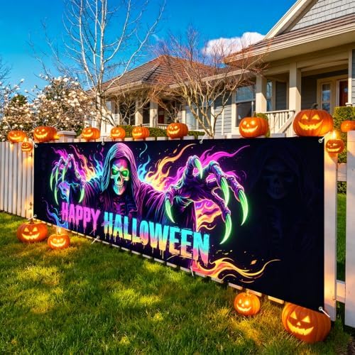 118"x35" Extra Large Happy Halloween Banner Big Spooky Halloween Backdrop for Giant Outdoor Yard Easy Hang with Ropes&Grommets–Perfect for Fence, Porch, Garden, Haunted House Party Signs (Neon Reaper, 118"x35")