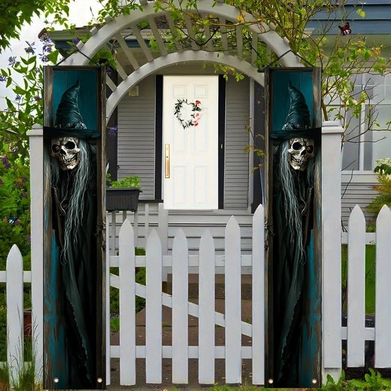 12x71 inch Halloween Skeleton and Witch Skeleton Porch Banner Suitable for indoor/outdoor birthday party decoration, with a creepy bone like design and weather resistant fabric suitable for use on terraces and courtyards, creating a terrifying background
