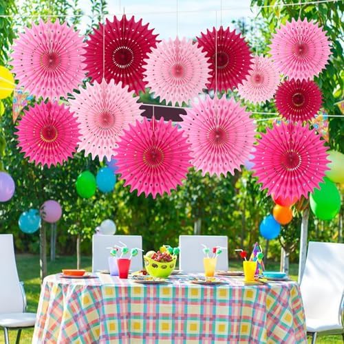 BestoFun 12PCS Paper Fans Hot Pink Party Decorations Tissue Paper Flowers Decorations for Girl Groovy Birthday Baby Shower Wedding Bachelorette Room Wall Hanging Décor