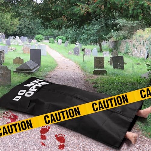5.4ft Halloween Dead Victim Prop in Bag Outdoor Decoration: Scary Fake Corpse with Caution Tape,Bloody Footprint & Handprint Floor Clings for Haunted House Party Decor (Assembly Required)