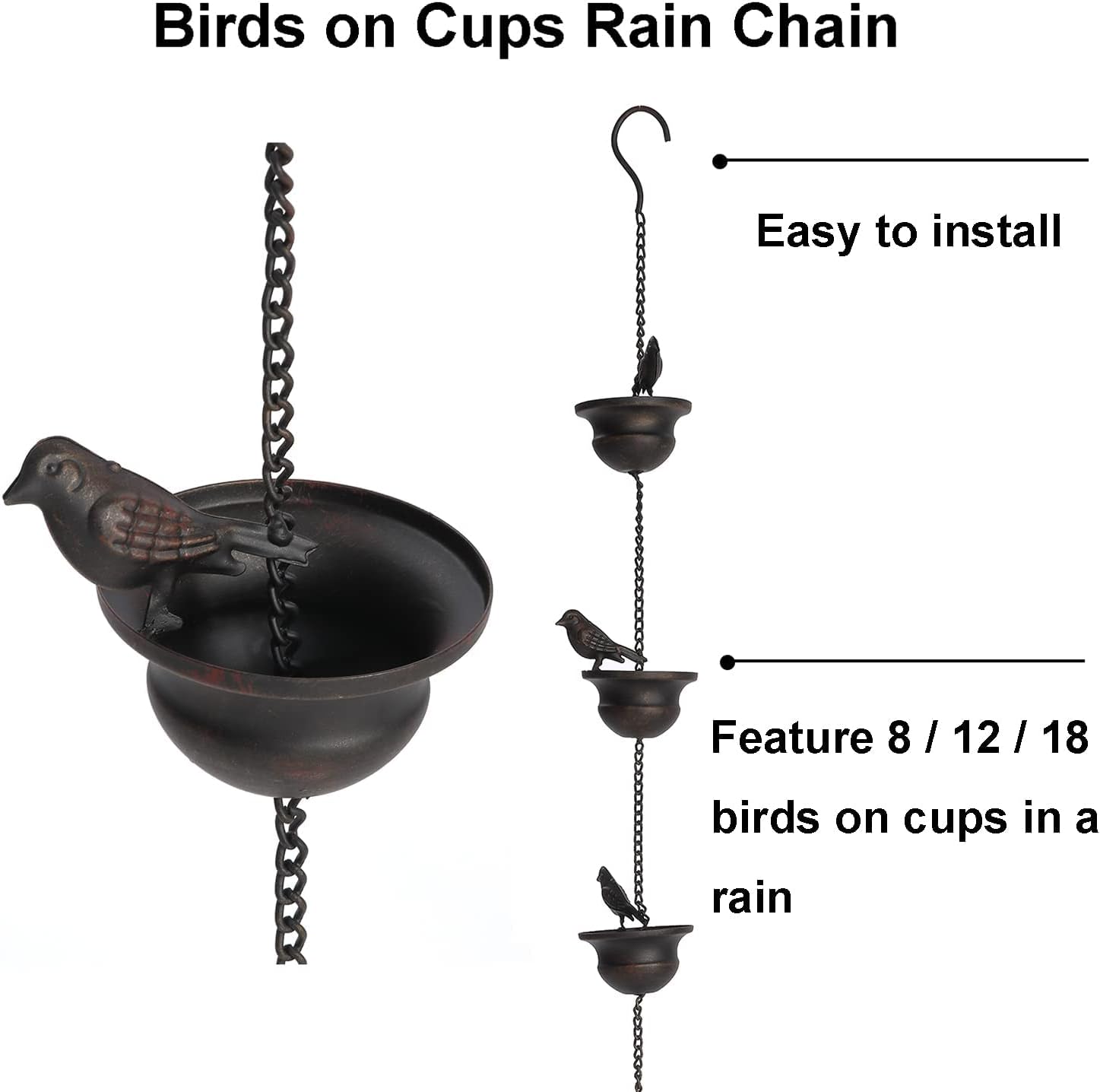Jemeni 12 Feet Metal Bird Rain Chain, Bird Rain Catcher Chain, Dark Bronze | Decorative & Functional Rain Chains for