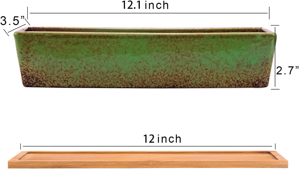Artketty 12.1 Inch Large Succulent Planters Pots with Drainage Tray, Long Rectangle Ceramic Pots for Indoor