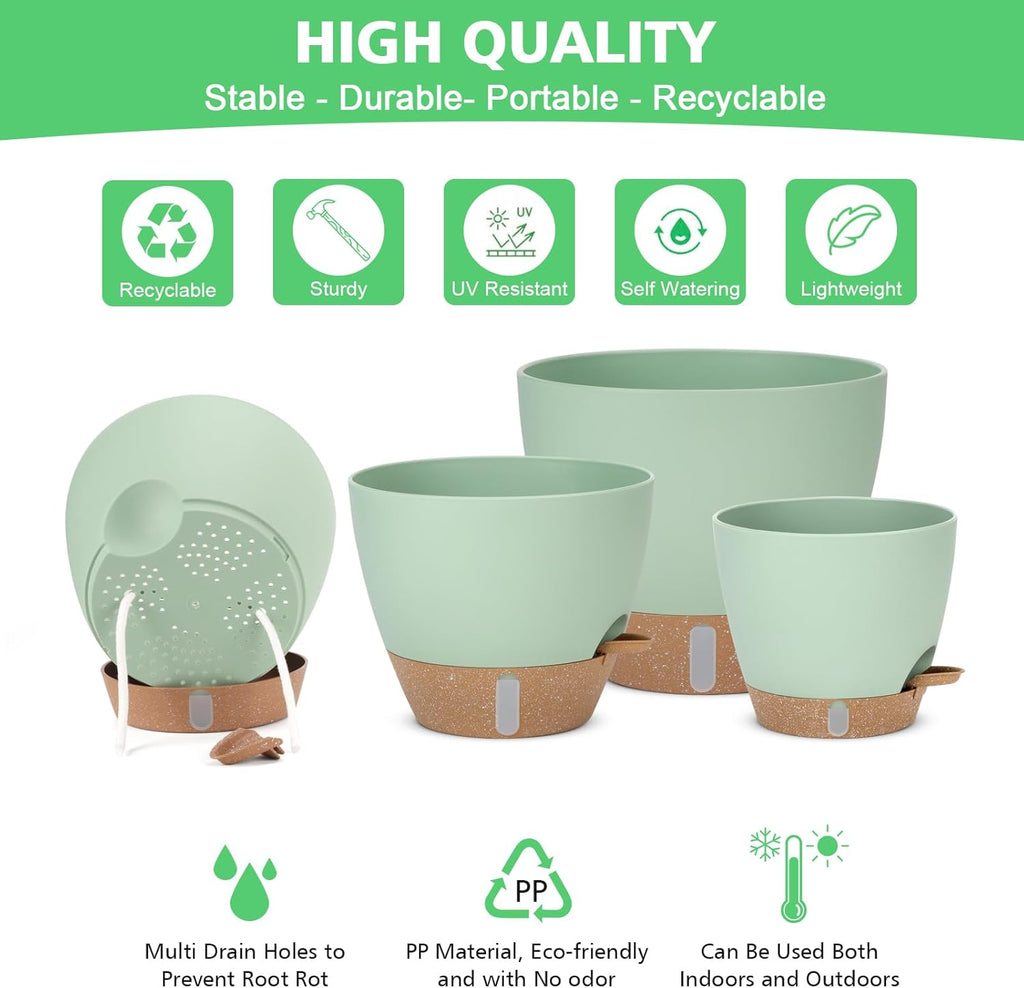 Self Watering Planter for Indoor Plants, 12" 10" 9" 8" Plastic Large Flower Pot Set with Water Level Indicator Deep