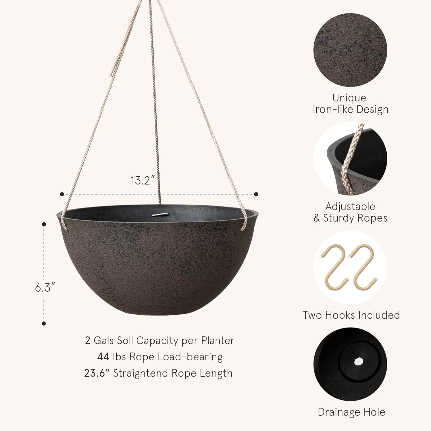 LA JOLIE MUSE Hanging Planter Baskets for Outdoor Plants, Set of 2, 13 Inch | Large Hanging Baskets with Drainage