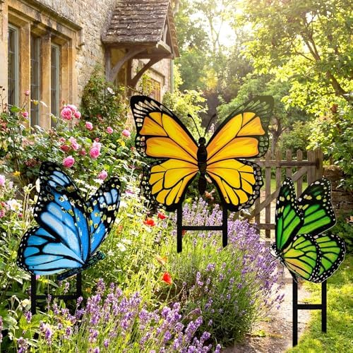 3 Pcs Green Yellow Blue Butterfly Metal Garden Stakes Spring Yard