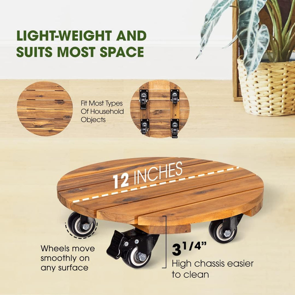 2pack 12inches Wood Plant Caddy with Wheels Heavy Duty, 264 Lbs Capacity, Acacia Hardwood Plant Dolly, Plant Stand with