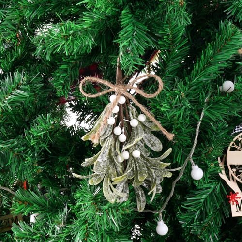 Mistletoe Christmas Decor Artificial Mistletoe Frosted Ornament with White Berries Snowflakes Hanging Christmas Decoration Kissing Ball Ornament for Xmas Tree Kitchen Doorway Home