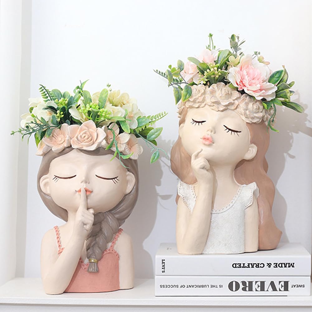 Succulent Plant Pot Drainage Hole large girl face planter pot big Resin lady head planter 11 inch tall flower vases