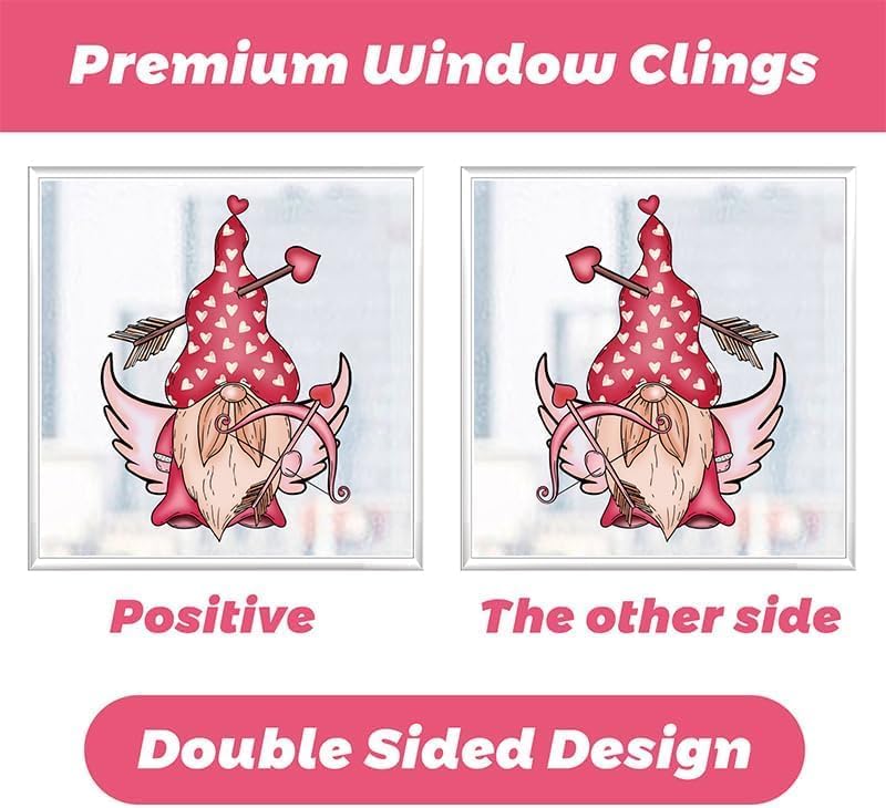 9 Sheets Valentine's Day Gnome Window Clings, Double-Sided Window Decor for Valentines Day, Removable Pink Window Decorations for Glass Windows