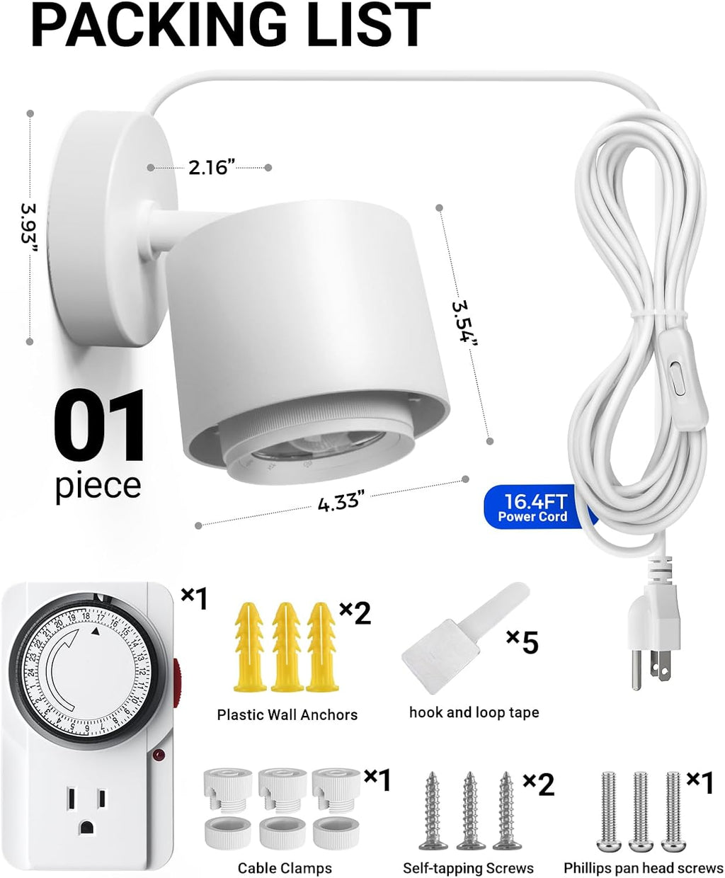 Barrina TR40A Track Grow Lights, 40W 4000K, White Cover with Timer, 1-Pack | 15°-60° Adjustable Beam Angle, Wall