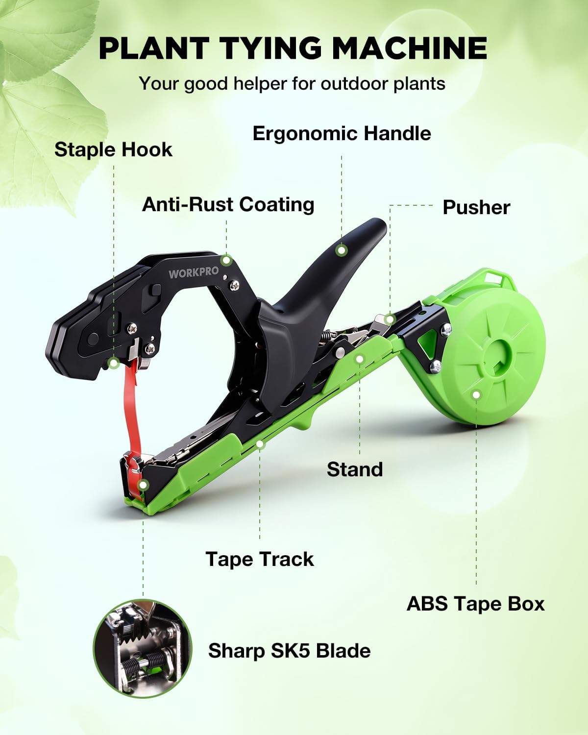 WORKPRO Plant Tying Machine with Gloves & 20 Rolls of Tape & 10,000 Staples | Lightweight Tape Gun for Tying Vines and